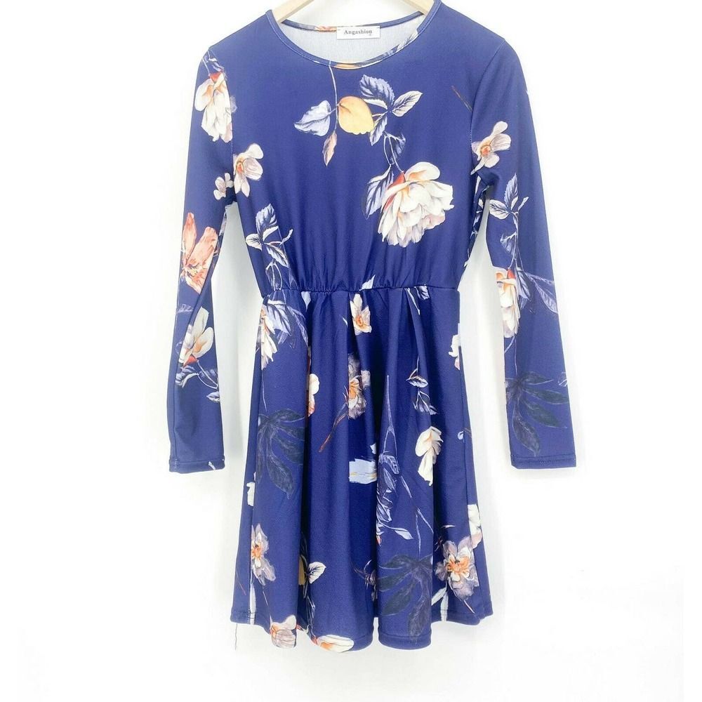 Angashion Women's Dress Casual Floral Long Sleeve Skater Dress Size‎ Small